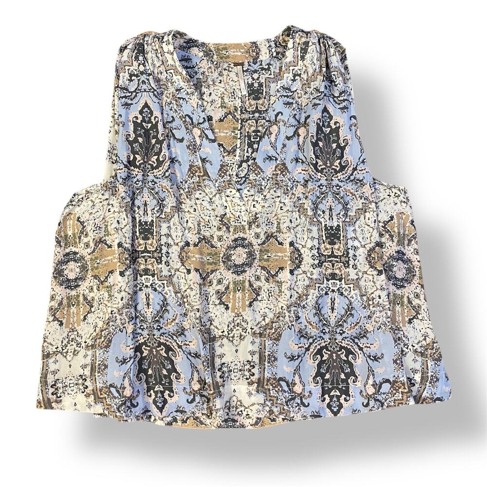 Free People Darcey Paisley V-Neck Swing‎ Blouse Womens Size S Blue Brown